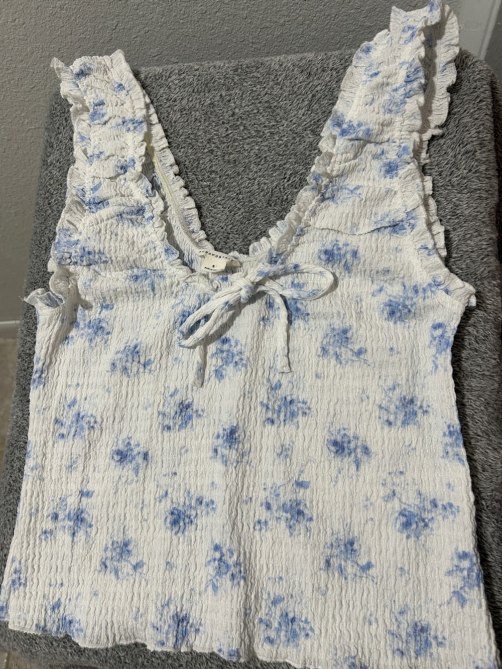 Aeropostale White Tank Top with Light Blue Floral Print and Tie Front